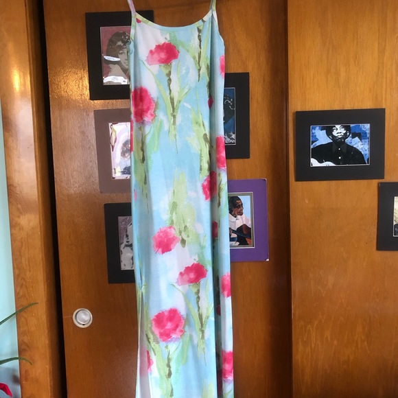 Pink floral on light blue and white fitted Summer dress - Picture 2 of 5